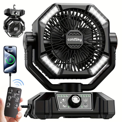 Camping Fan 20000mAh Dual Motor High-Velocity, 8-Speed Remote Control with 4 LED Lanterns and Tent Hook
