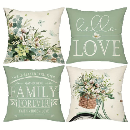 Four-Piece Farmhouse Pillow Cover Set, 18 x 18 Inches with Eucalyptus, Bicycle and Typography Prints