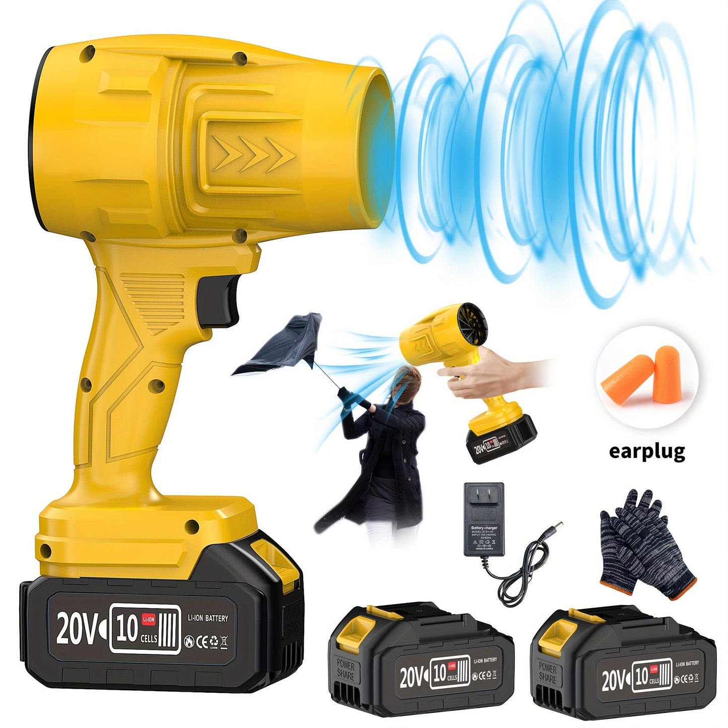 20V Cordless Leaf Blower with 50, 000 RPM Marking, Yellow or Green Body and Six Dual-Battery Package Options
