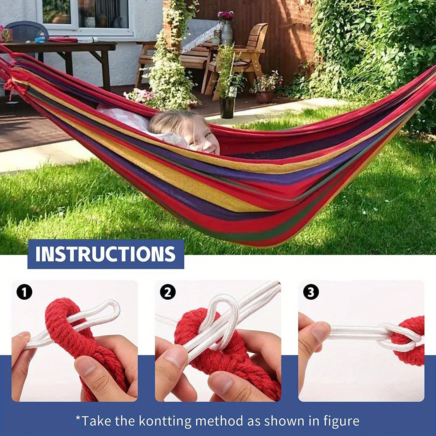 Striped Outdoor Hammock, 94.49 x 31.5 Inches with Two Ropes, Carry Bag and 330 lb Load-Limit Marking