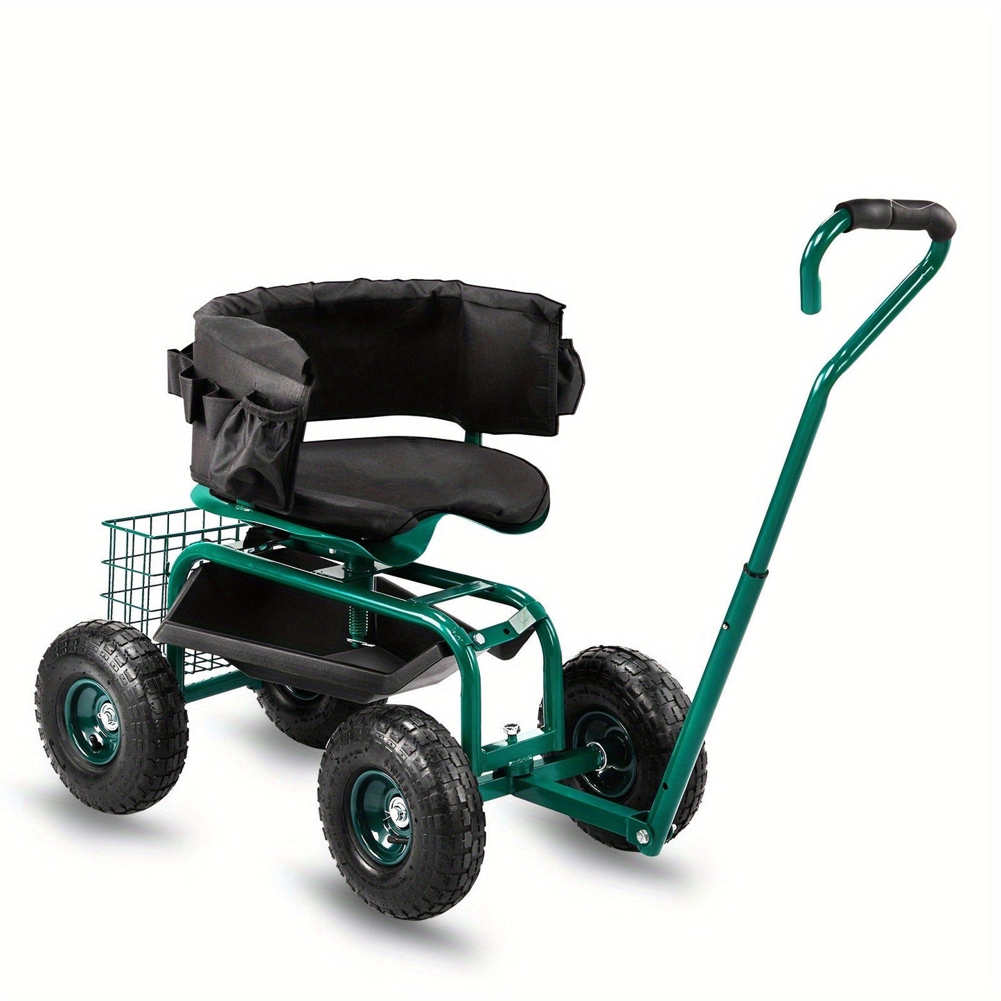 Rolling Garden Seat Cart, Backrest, Cushion, Telescopic Handle & Storage Basket, Steel Frame
