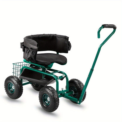 Rolling Garden Seat Cart, Backrest, Cushion, Telescopic Handle & Storage Basket, Steel Frame