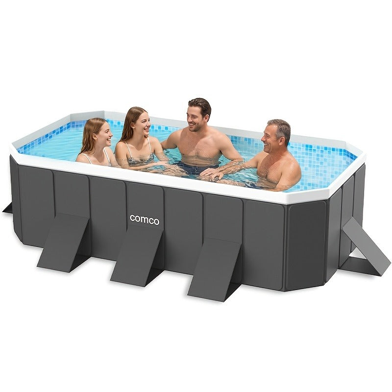 Large Rectangular Frame Pool, Non-Inflatable Backyard Swimming Pool with Drain for Garden, Patio and Yard Use