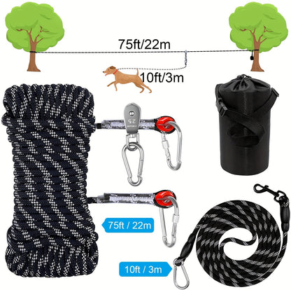 Overhead Dog Trolley System 75ft – Heavy Duty Reflective Cable Runner, Supports Up to 200lbs, Portable Easy Setup for Yard, Park