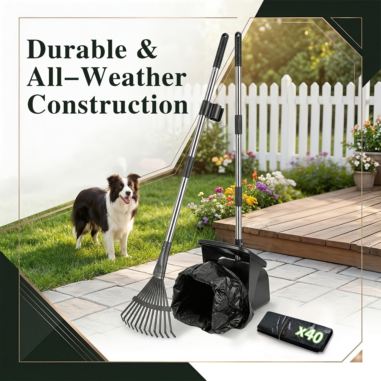 Dog Pooper Scooper with Long Handle & Swivel Bin – Heavy Duty Rake Spade Set, 40 Waste Bags Included, Pet Waste Removal for Yard Grass