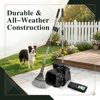 Dog Pooper Scooper with Long Handle & Swivel Bin – Heavy Duty Rake Spade Set, 40 Waste Bags Included, Pet Waste Removal for Yard Grass