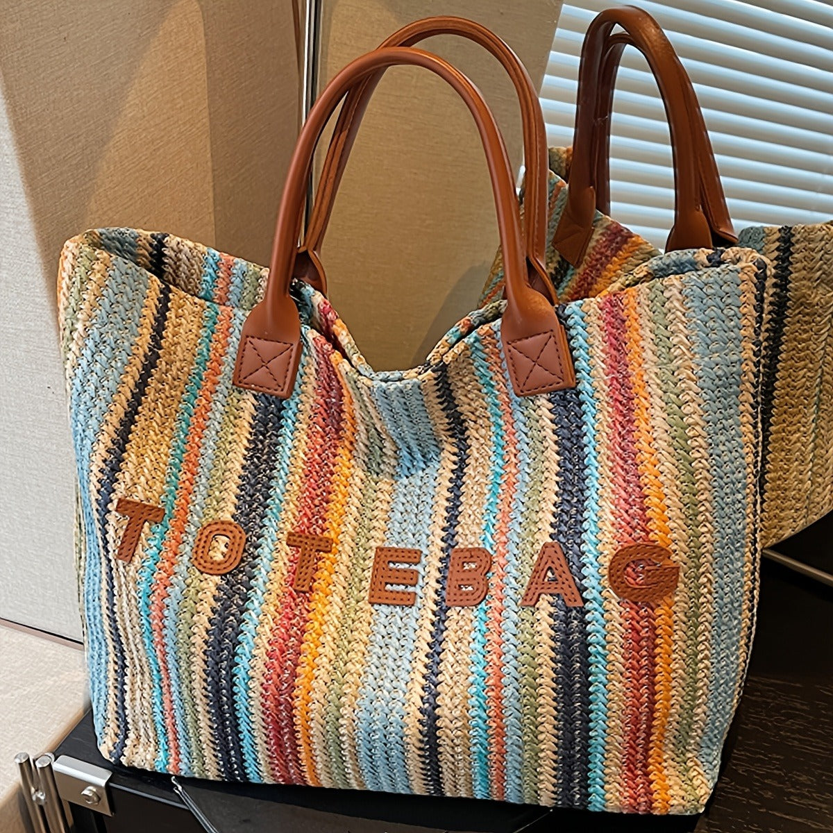 Straw Tote Bag for Women Large Capacity Bohemian Hand-Woven Striped Beach Bag Summer Vacation Shoulder Bag Colorful Letter Pattern