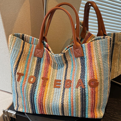 Straw Tote Bag for Women Large Capacity Bohemian Hand-Woven Striped Beach Bag Summer Vacation Shoulder Bag Colorful Letter Pattern