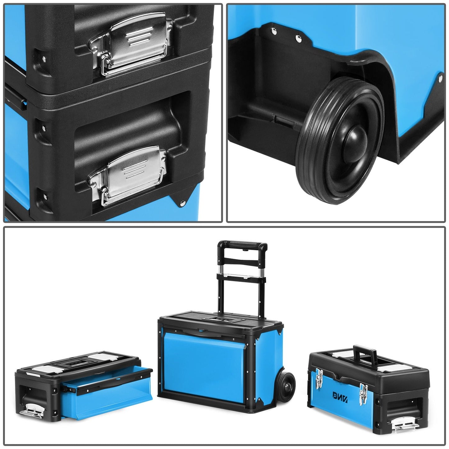 Rolling Tool Box 3-Tier Stackable Portable Toolbox with Wheels 19.5x12x28.5 Inch Steel PP 3-in-1 Detachable Compartments Metal Latches