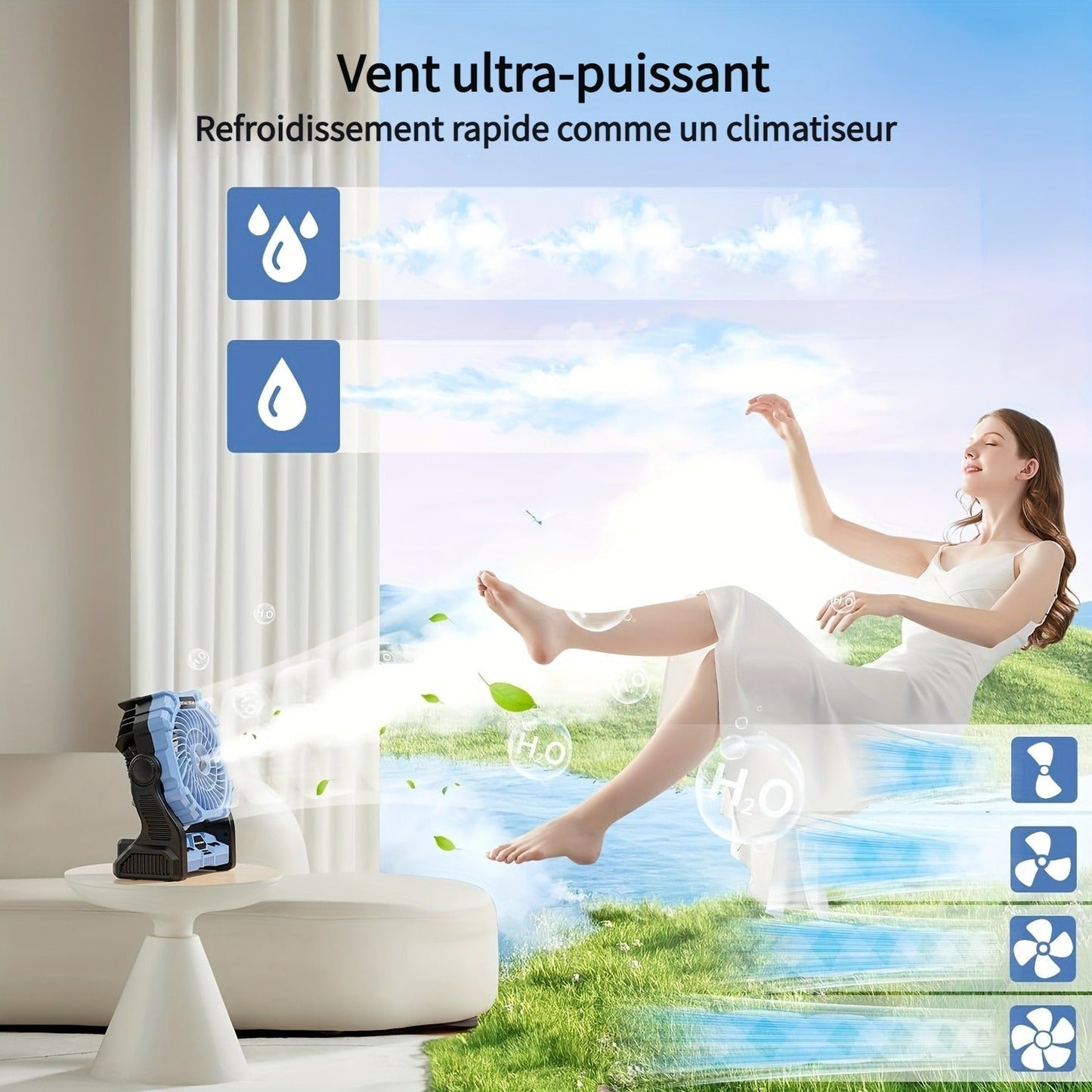 Rechargeable Camping Fan 20000mAh with Misting, Power Bank, RGB Light, 4 Speeds & Tent Hook for Outdoor Use