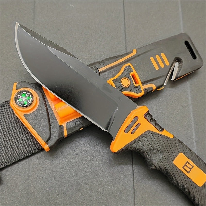 Fixed Blade Outdoor Camping Knife 9.64 Inch Stainless Steel, Survival Hunting Knife with Flint Fire Starter Night Light Sharpener Safety
