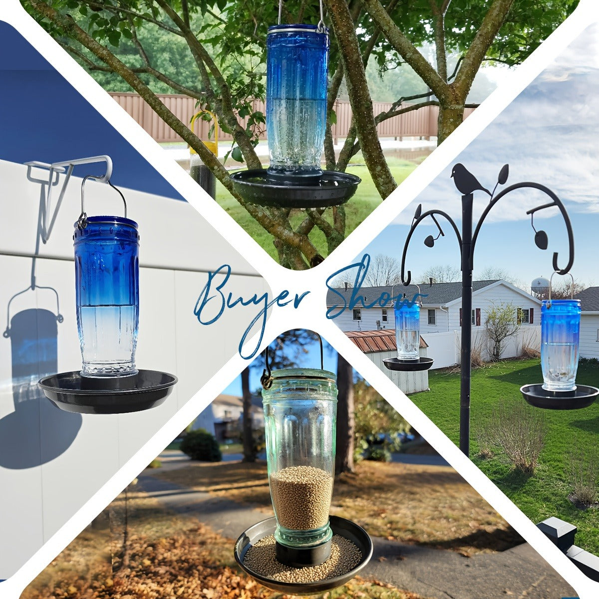 Bird Waterer Outdoor Hanging Glass Wild Bird Water Dispenser with Metal Handle – Gravity Fed Garden Yard Patio Tree Bird Feeder