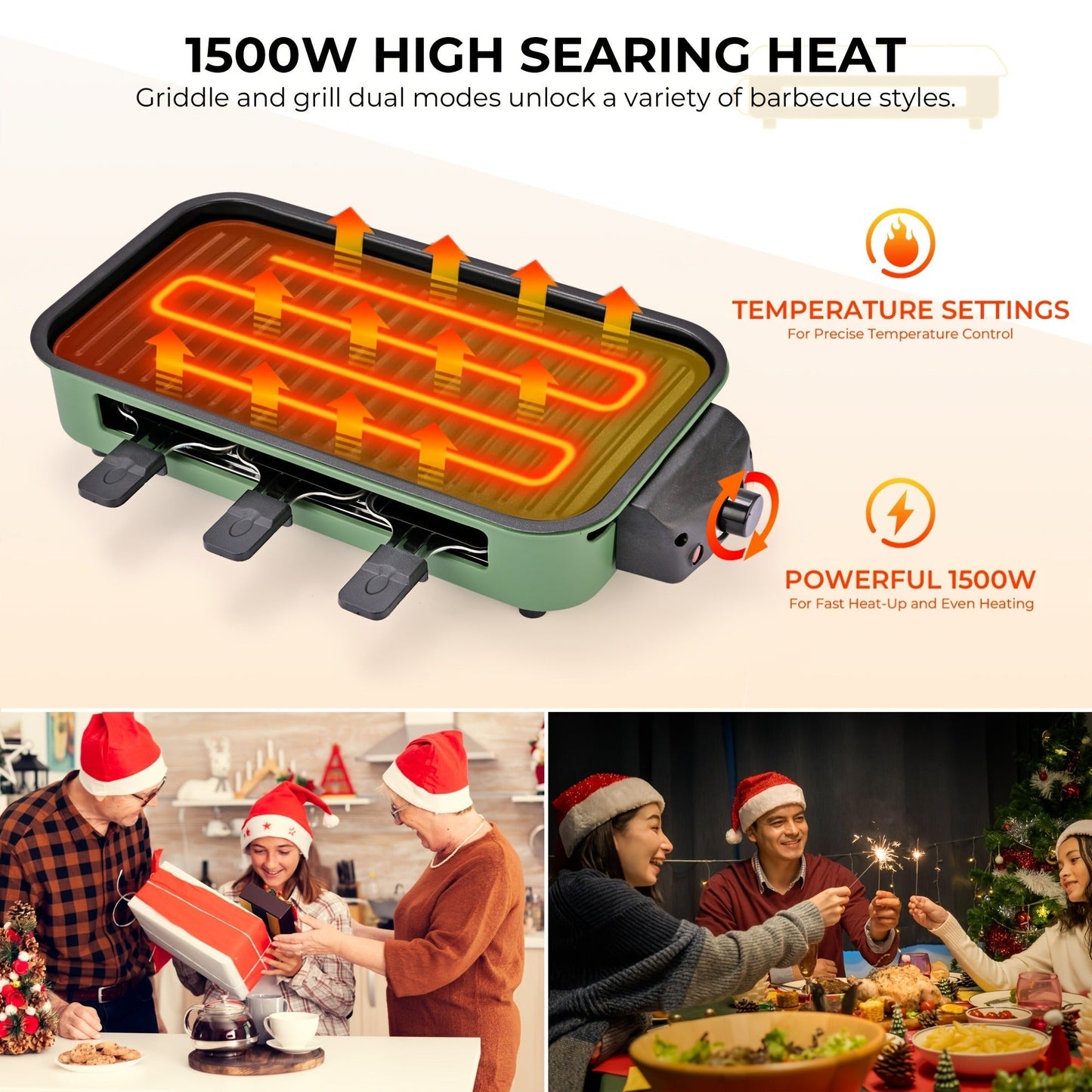 Indoor Smokeless Electric Grill 1500W Non-Stick Raclette Table Grill with Removable Plate & 3 Mini Pans Compact BBQ Griddle
