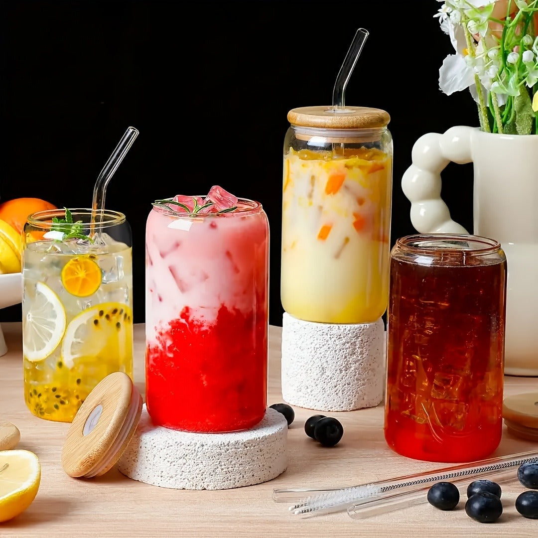 Drinking Glasses Set with Lid and Straw 550ml Oval Glass Cups 4 or 6 Piece, for Home Cooking, Dining and Outdoor Meals