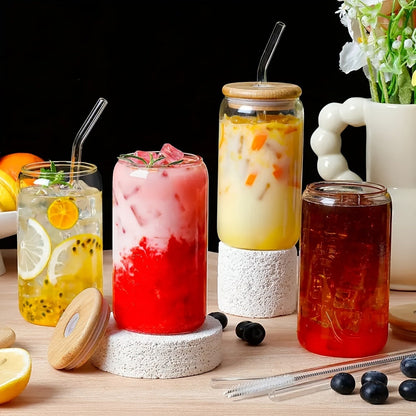 Drinking Glasses Set with Lid and Straw 550ml Oval Glass Cups 4 or 6 Piece, for Home Cooking, Dining and Outdoor Meals