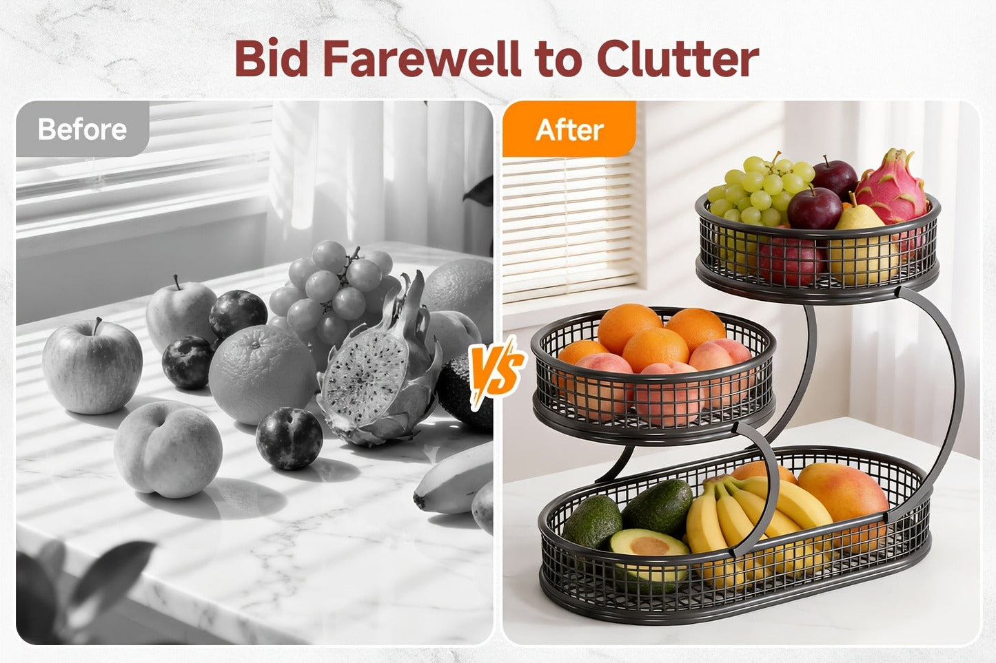 Three-Level Black Wire Fruit Basket with Two Round Bowls and 15.75-Inch Rectangular Base Tray