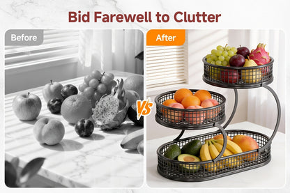 Three-Level Black Wire Fruit Basket with Two Round Bowls and 15.75-Inch Rectangular Base Tray