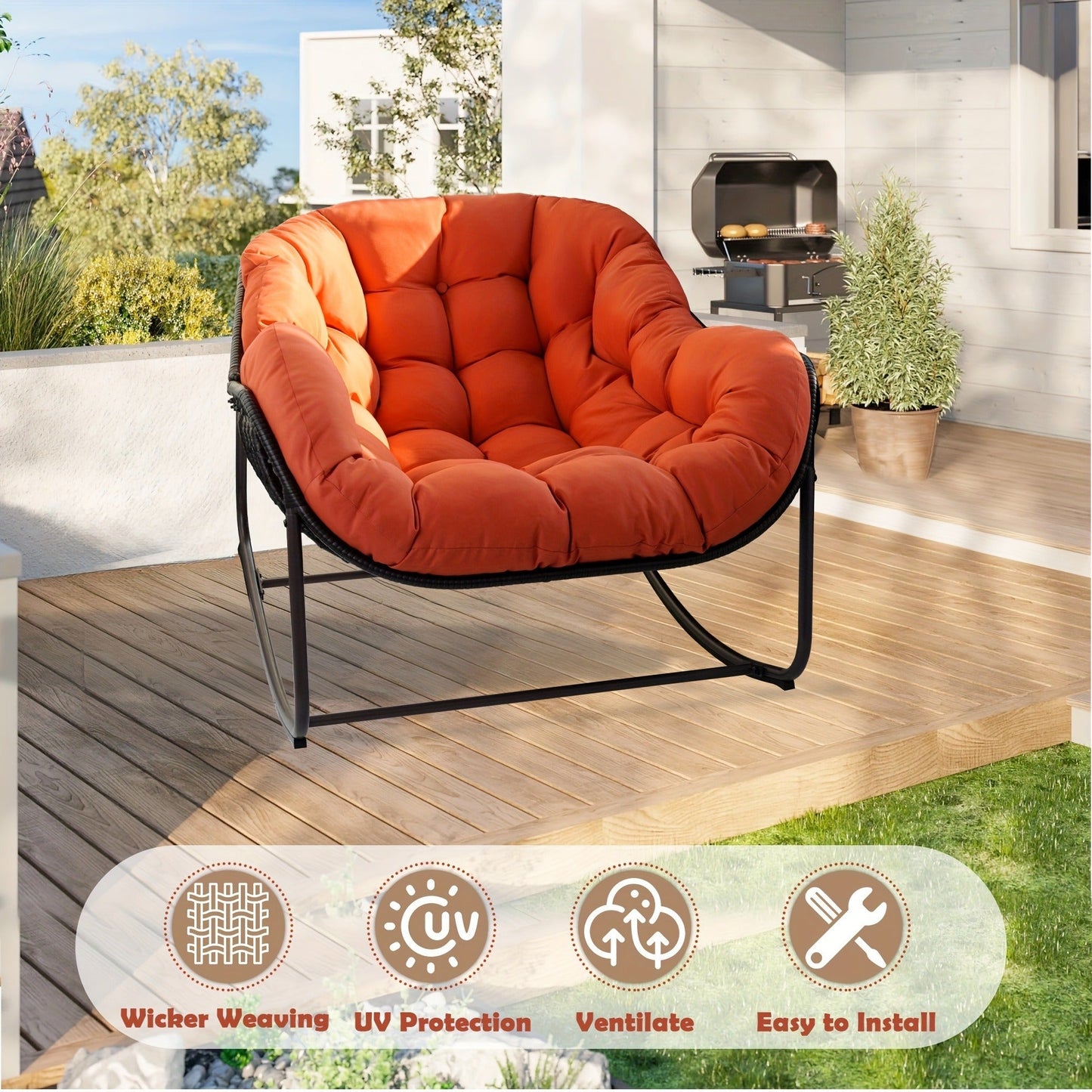Papasan Rocking Chair Outdoor Wicker Egg Chair with Cushion & Pillow, Large Patio Rocker for Garden