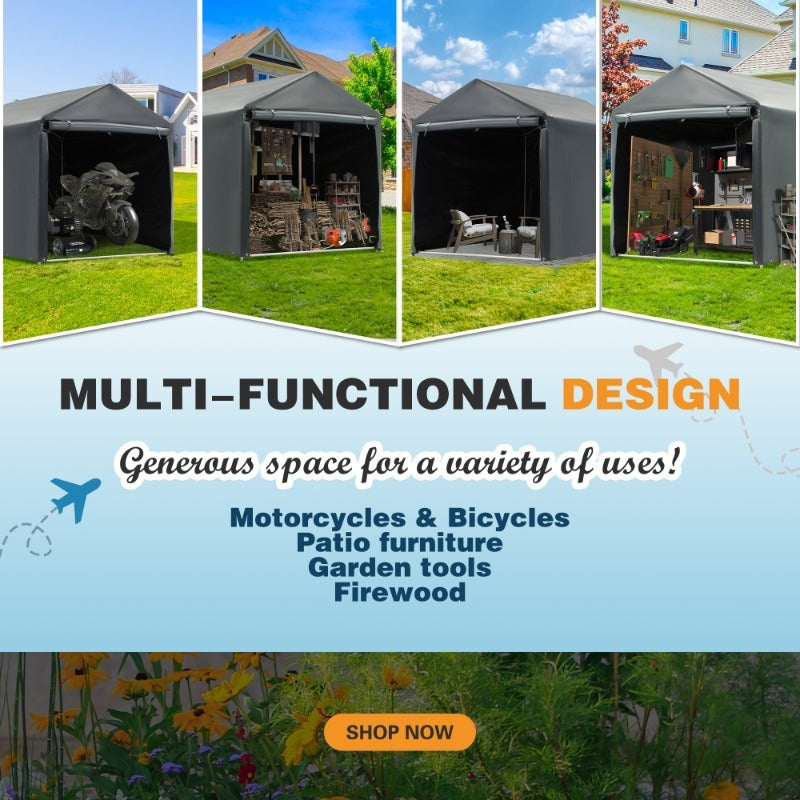 Portable PE-Tarpaulin Outdoor Storage Shelter with Steel Frame in 5 x 7.2 Ft or 6.3 x 8 Ft Sizes