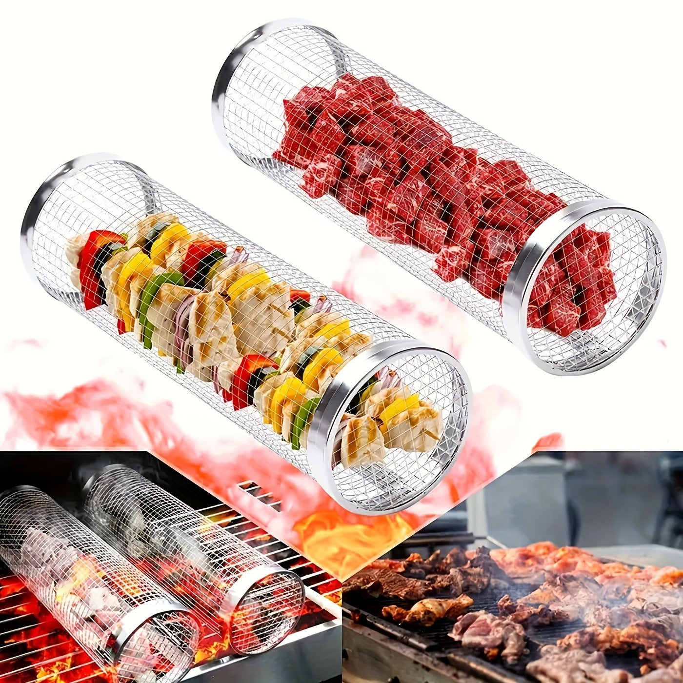 Rolling Grill Basket Stainless Steel 2-Pack, Cylinder BBQ Basket with Hook & Fork for Vegetables