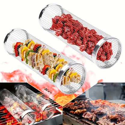 Rolling Grill Basket Stainless Steel 2-Pack, Cylinder BBQ Basket with Hook & Fork for Vegetables