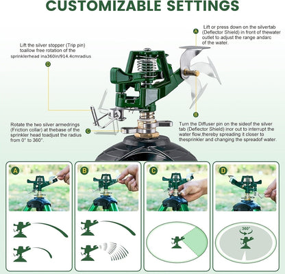 Impact Sprinkler Tripod 360° Zinc Head Lawn Yard Irrigation Flip Lock, for Garden, Lawn and Yard Watering