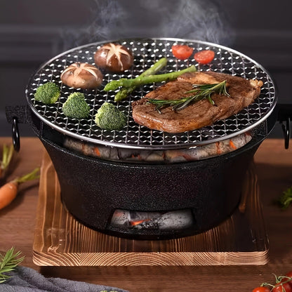 10.6-Inch Round Charcoal Grill Set with Cast-Iron Body, Cooking Grid, Wooden Base and Tongs