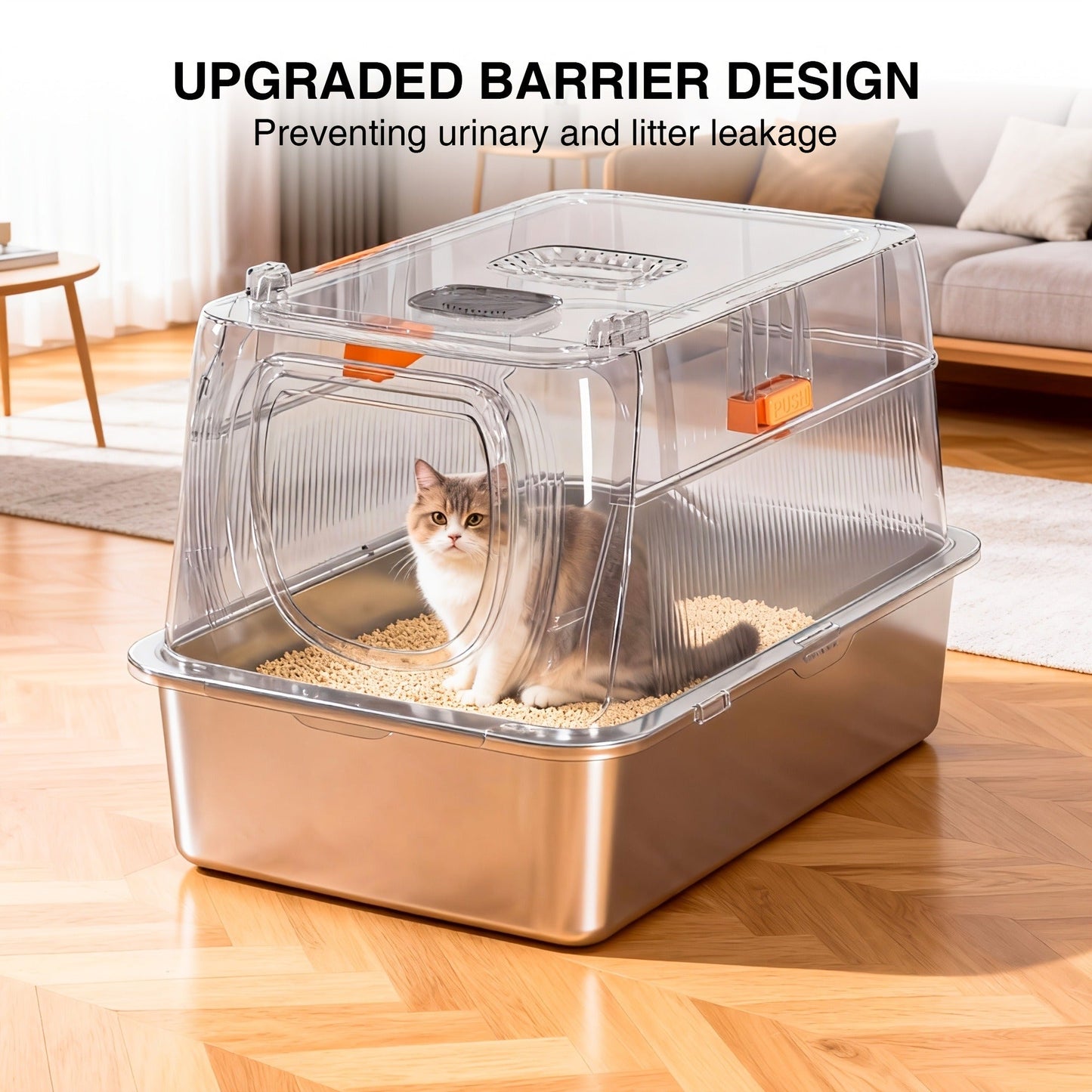 CITYLIFE Cat Litter Box with Stainless Steel Basin, Removable Enclosure, Flap Door, Top Entry, Step and Mat