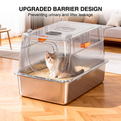 CITYLIFE Cat Litter Box with Stainless Steel Basin, Removable Enclosure, Flap Door, Top Entry, Step and Mat
