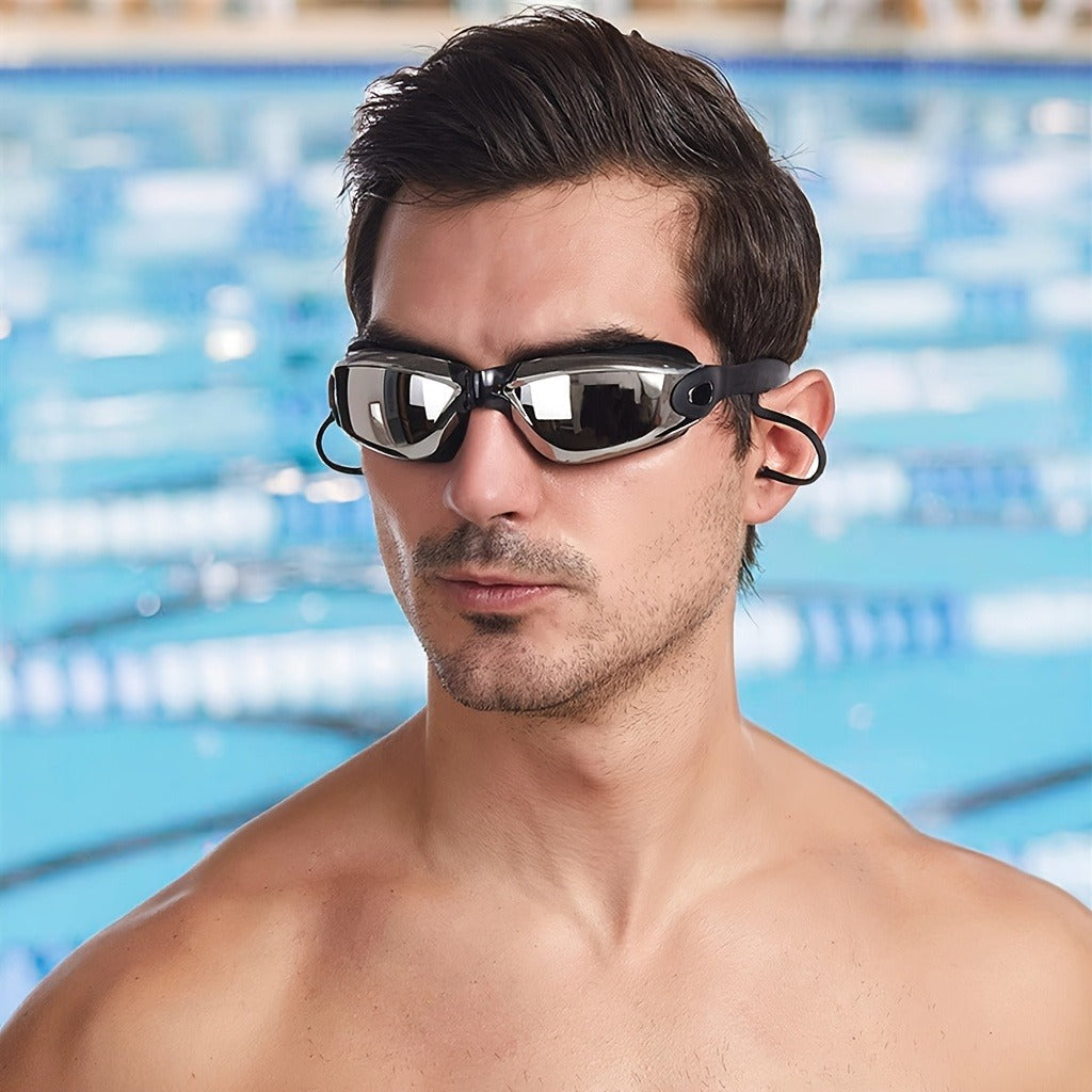 Adult Swimming Goggles Six-Piece Set with Black Silver-Look Lenses, Swim Cap, Case, Nose Clip, Earplugs and Bag
