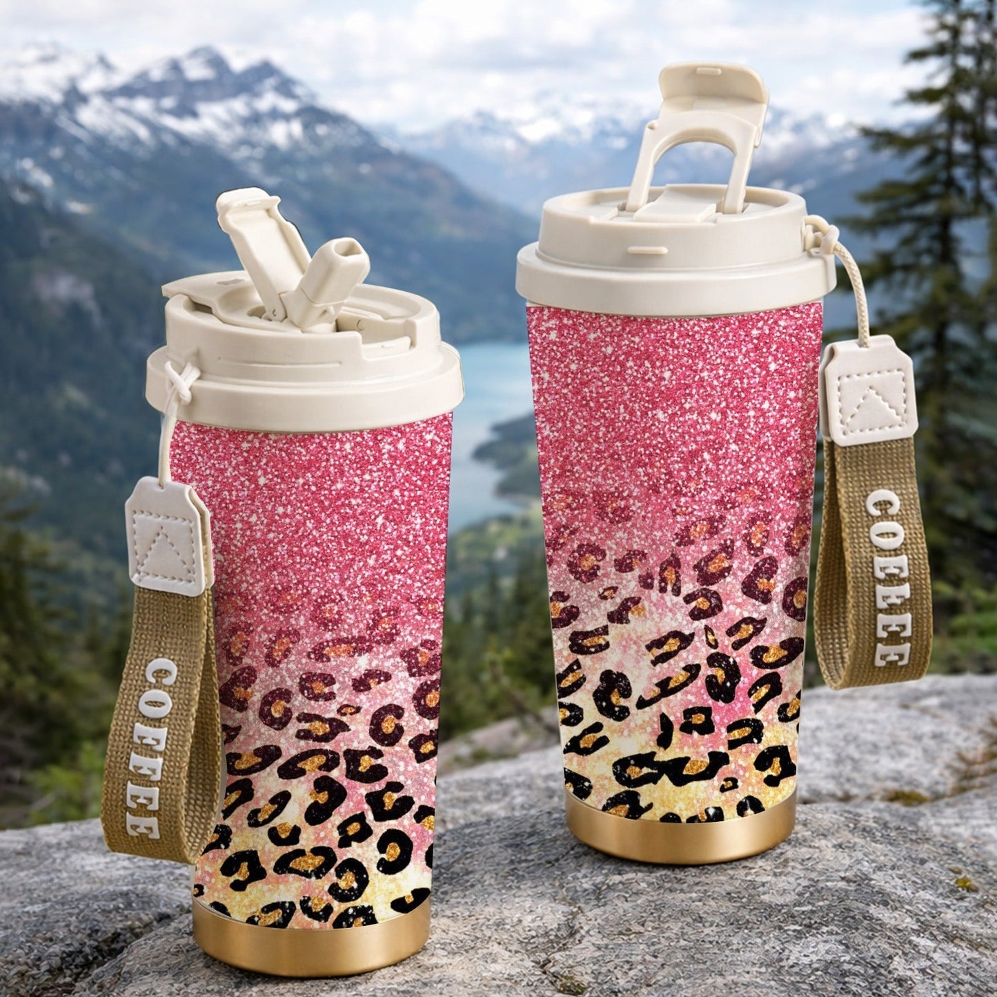 Glitter Leopard Print 18oz Stainless Steel Tumbler with Fold-Down Straw Lid and Carry Strap