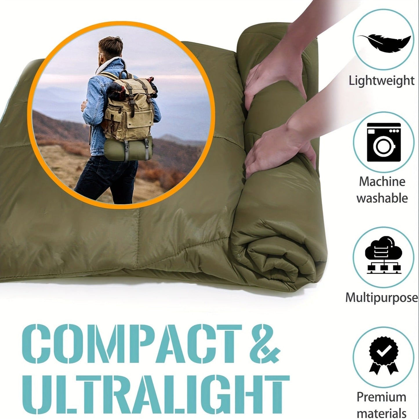 Puffy Camping Blanket Foldable Lightweight Water Resistant with 3D Eye Mask – DWR Coated Outdoor Blanket for Camping, Hiking, Travel, Beach