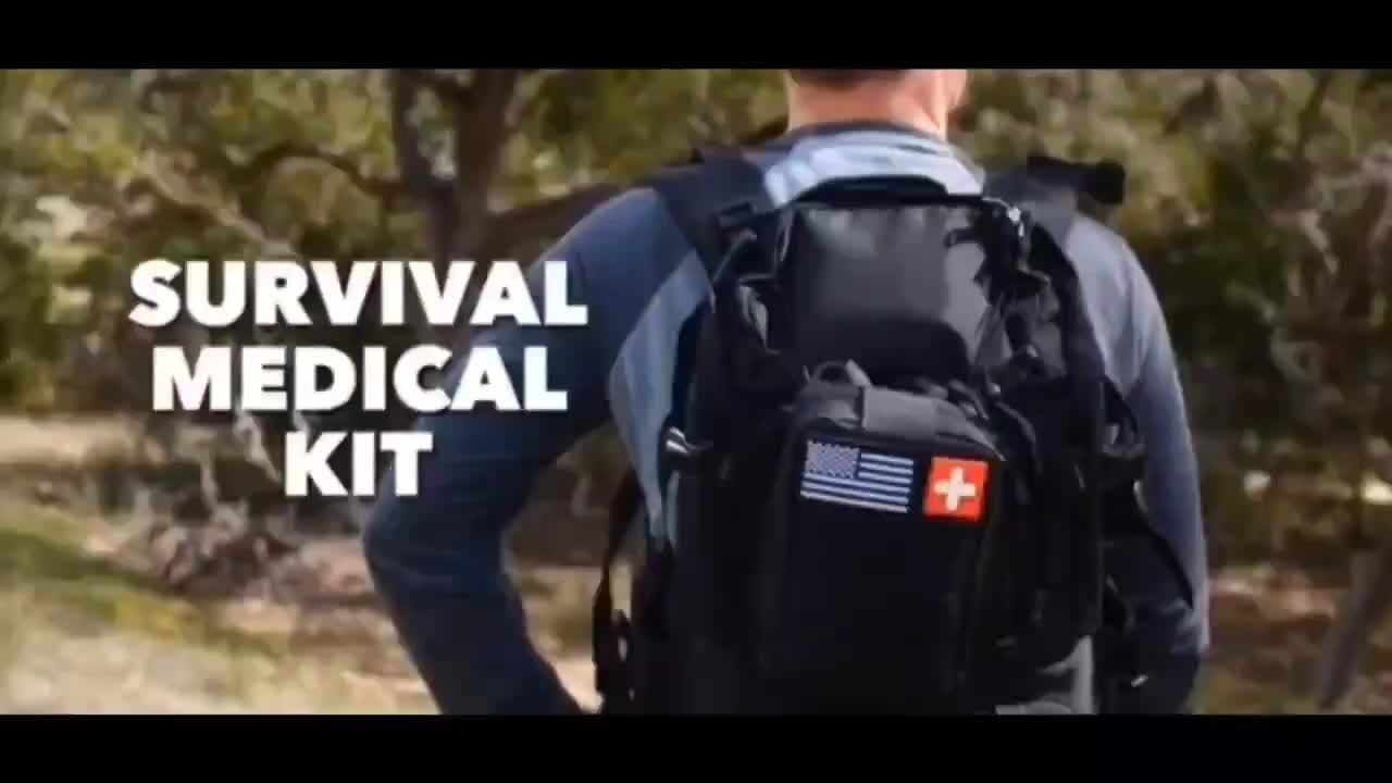 Emergency Survival Kit with MOLLE-Style Bag, Pictured Multi-Tool and First-Aid Assortment in Two Colors