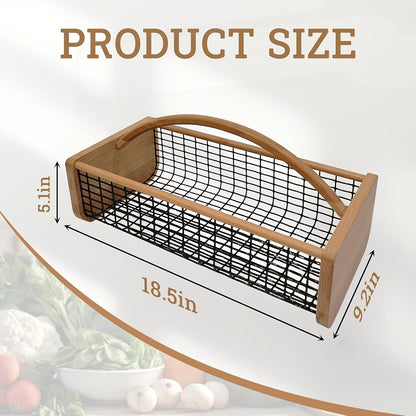 Garden Harvest Basket Metal Mesh with Wooden Handle – Rectangle Vegetable Fruit Picking Basket for Garden, Kitchen & Farmhouse Storage