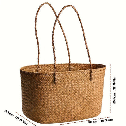 Large Woven Straw Picnic Tote Basket with Long Handles, Open Top Natural-Color Outdoor Carry Design