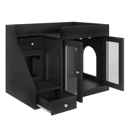 Cat Litter Box Enclosure Furniture Hidden Cabinet with LED Light & 2 Drawers – MDF Indoor Cat House Side Table with Acrylic Door