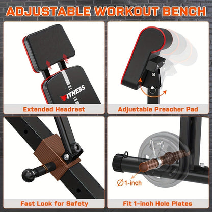 Adjustable Weight Bench 6-in-1 Foldable – Flat Incline Decline, Resistance Bands, Preacher Curl & Leg Developer, 770lb Capacity