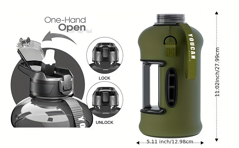Half Gallon Water Bottle 74oz with Insulated Sleeve, Straw & Time Marker – BPA Free Leakproof Large Sports Jug with Carrying Handle & Strap