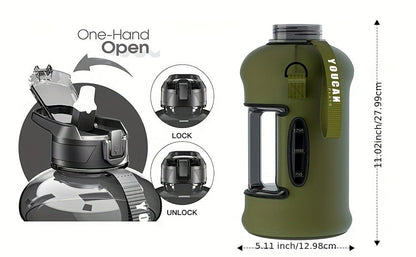 Half Gallon Water Bottle 74oz with Insulated Sleeve, Straw & Time Marker – BPA Free Leakproof Large Sports Jug with Carrying Handle & Strap
