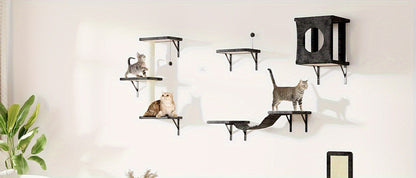 Cat Wall Shelves 5-Piece Set – Wall-Mounted Cat Furniture with Floating Perch, Cat Climber, Bridge & Cat Bed