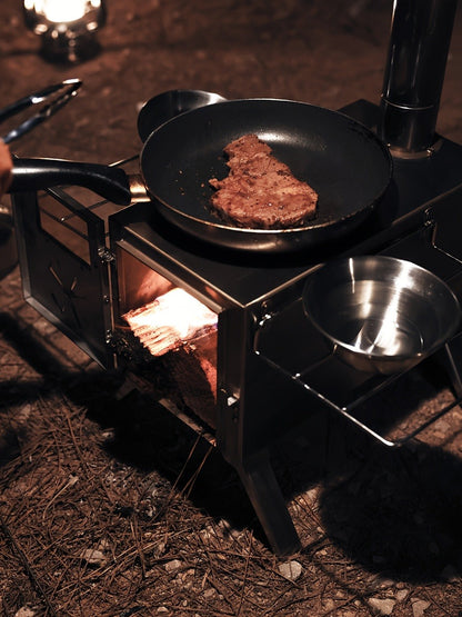 Portable Wood Stove with Chimney Pipe Set, Folding Legs, Side Shelves and Silver or Black Finish Options