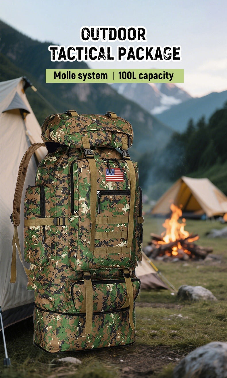 100L-Labeled Tall Tactical Rucksack with Roll-Top Compartment, Lower Pouch and Five Color Options