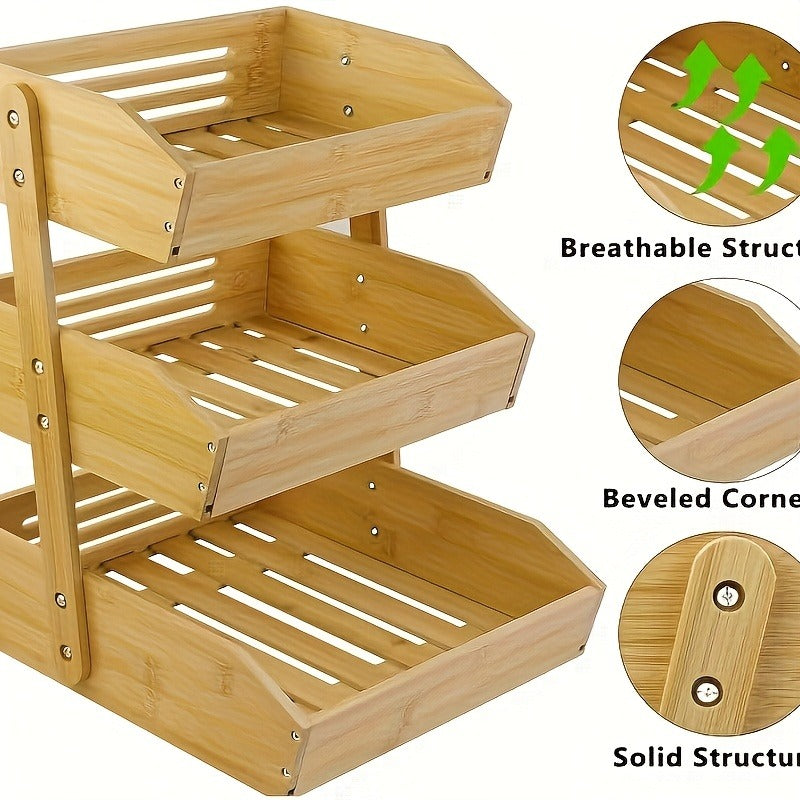 Fruit Basket Stand 2 & 3 Tier Wooden Countertop Organizer Large Capacity Kitchen Storage for Fruits Vegetables Bread Produce with Banana