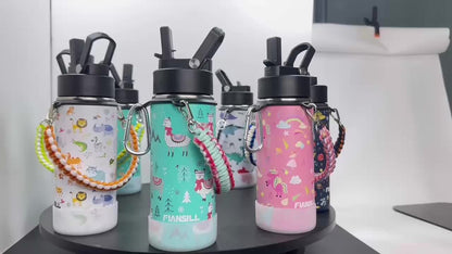 FIANSILL 16oz Stainless Steel Water Bottle with Flip-Up Straw Lid, Wrist Strap, Carabiner and Eight Prints