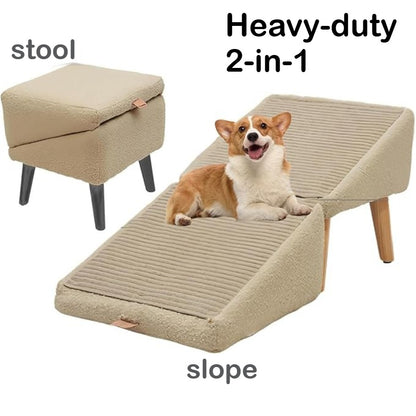 Dog Ramp 2-in-1 Foldable Ottoman Pet Stairs for Sofa Bed, Solid Wood Frame Heavy-Duty Small Dog Steps with Anti-Scratch Rounded Edges