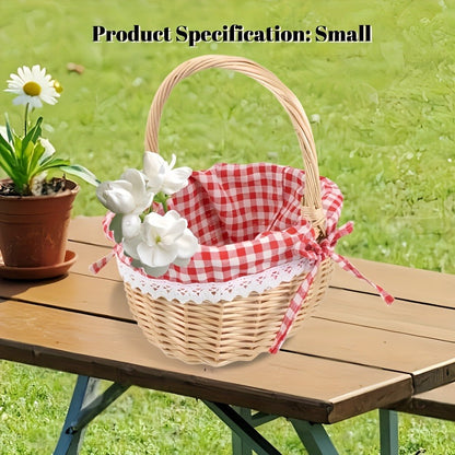 Large Wicker Picnic Basket with Split Lid, Central Carry Handle and Red Checkered Textile Lining