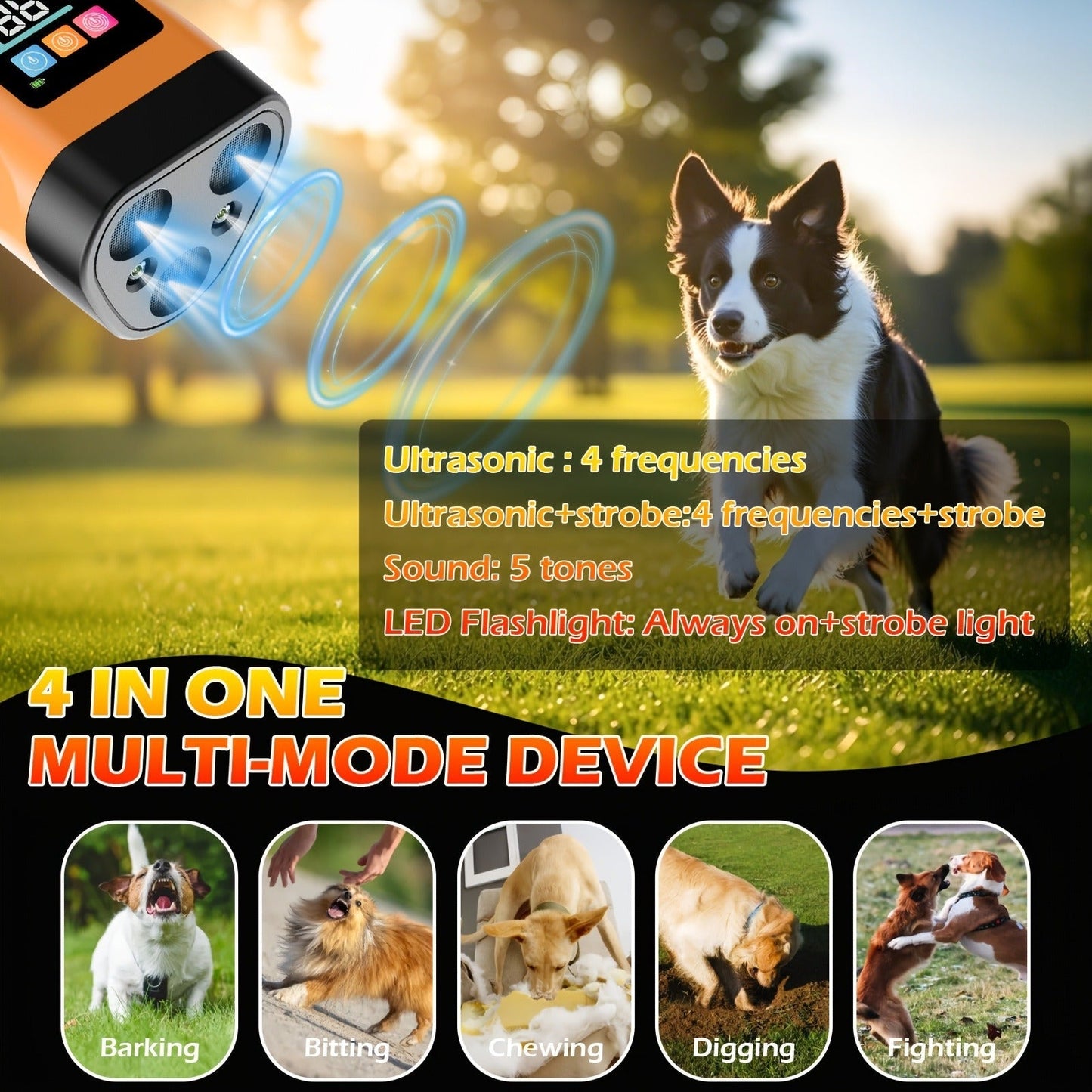 Orange Rechargeable Triple-Emitter Ultrasonic Dog Training Aid with Display, Light and Wrist Strap