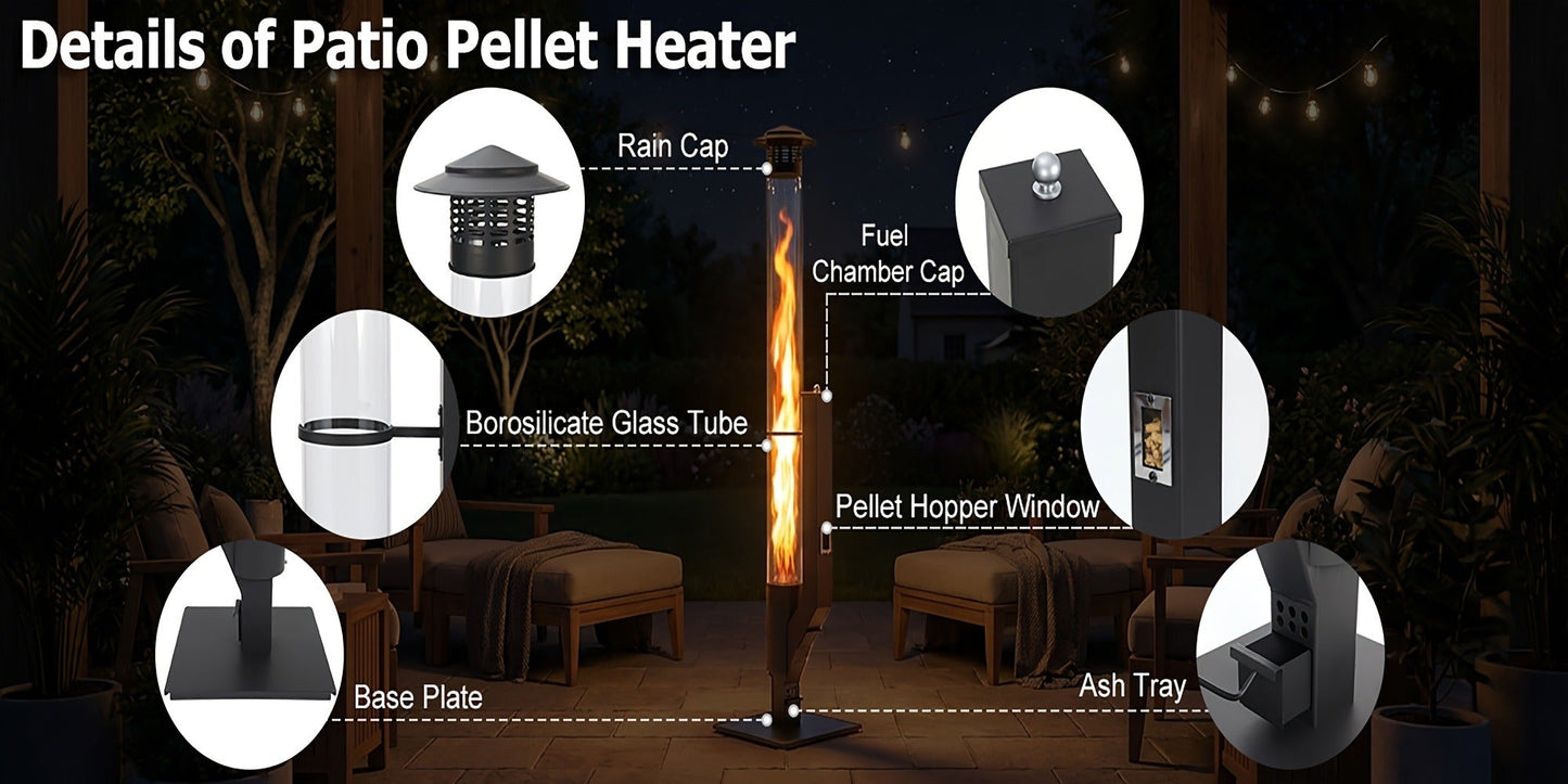 Outdoor Wood Pellet Patio Heater 56 Inch, Smokeless Portable Pellet Stove with Rain Cap, Viewing Window & Ash Tray