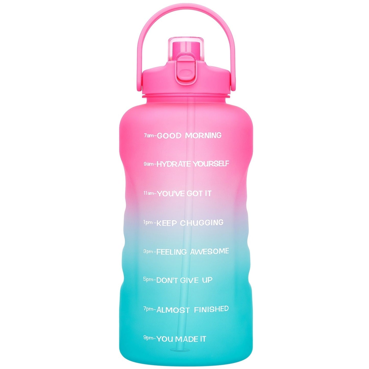128oz Water Bottle Jug with Time Markers, Handled Flip-Top Straw Lid and Seven Color Treatments
