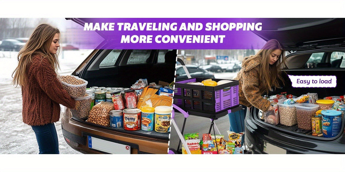 Collapsible Utility Cart Foldable Shopping Trolley 4-Wheel 360° Swivel Locking Brake Portable Dolly for Grocery Mall Camping Pink Purple